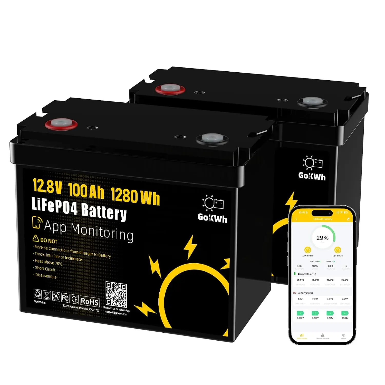 12V 100Ah Group24 LiFePO4 Lithium Battery with Smart APP, Bluetooth 5.0 Rechargeable 1280Wh Battery, 100A BMS Up to, Custom