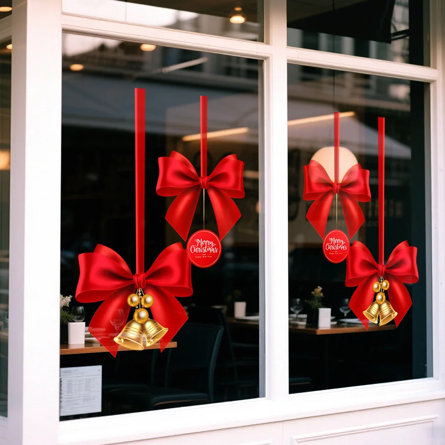 2 Pieces of 45cm * 60cm Christmas Window Stickers, Electrostatic Glass Stickers, Including Bow Decorations, Bells and Other Pattern Elements, Suitable for Home Windows, Bedrooms, Schools, Restaurants, Offices and Other Holiday Party Decorations