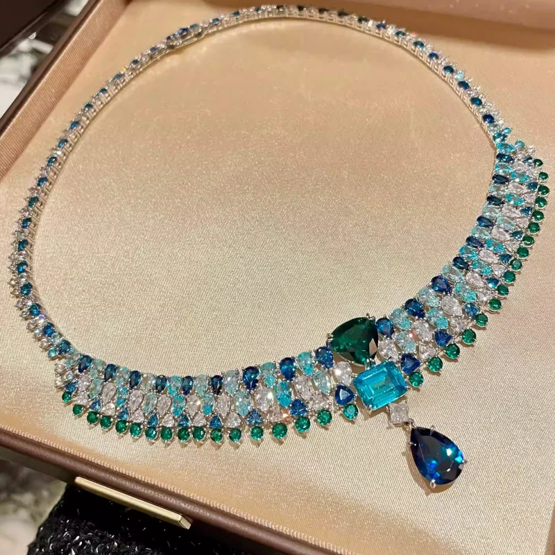BELLUX Deep Sea Aurora Fantasy Blues Artificial Aquamarine Gradient Sapphire Banquet Fine Necklace S925 Silver Gold Plated