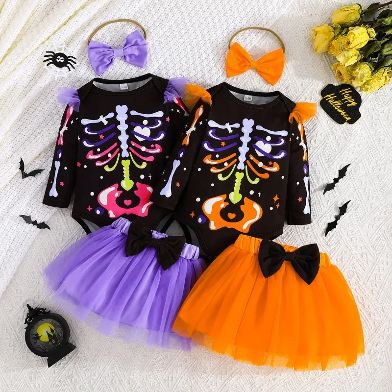 

Halloween Baby Girl Clothes Sets Colorful Skeleton Print Romper Butterfly Headband Tulle Dress 3Pcs Set Toddler Suit Girl Party