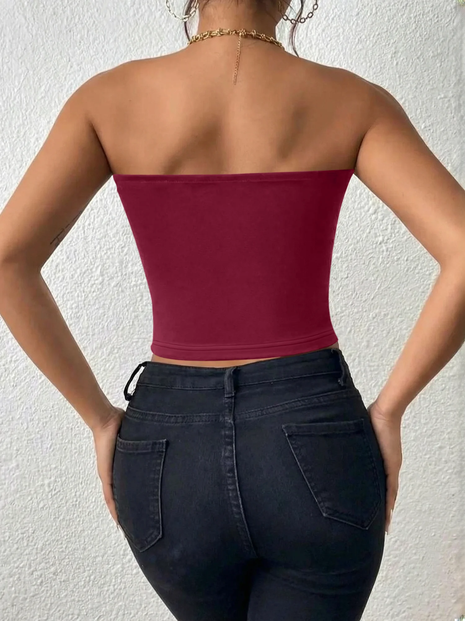 Western Style Contour Tube Top, Back Bare Strapless Crop Blouse for Weekend Urban Hangout & Trend OOTD Shots