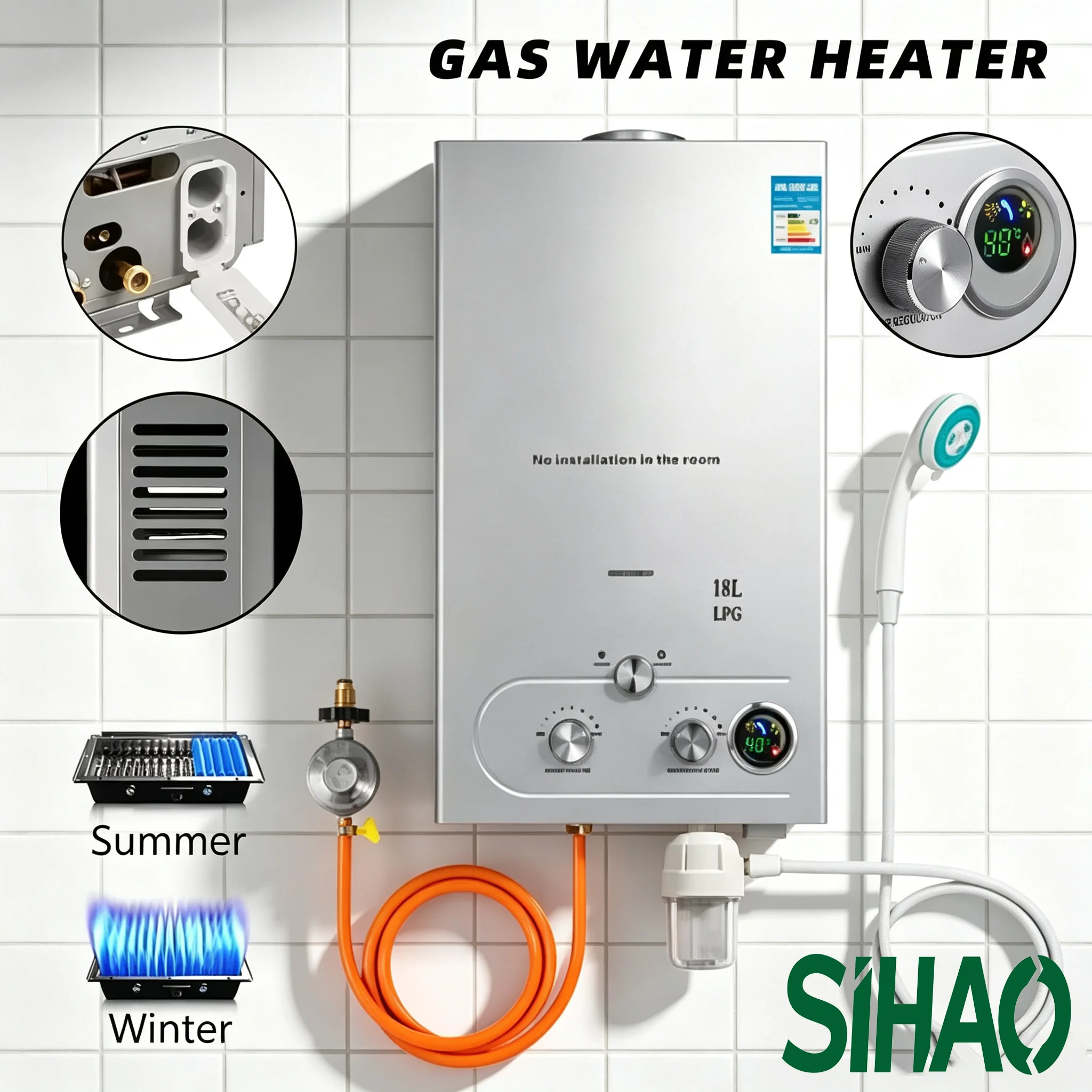 SIHAO Water Heater Instant Propane Hot LED Display Dual Mode Wall Mounted Shower Kit 6-18L 16-36kW LPG Gas Tankless Instant Boiler  for Home RV Camping Outdoor
