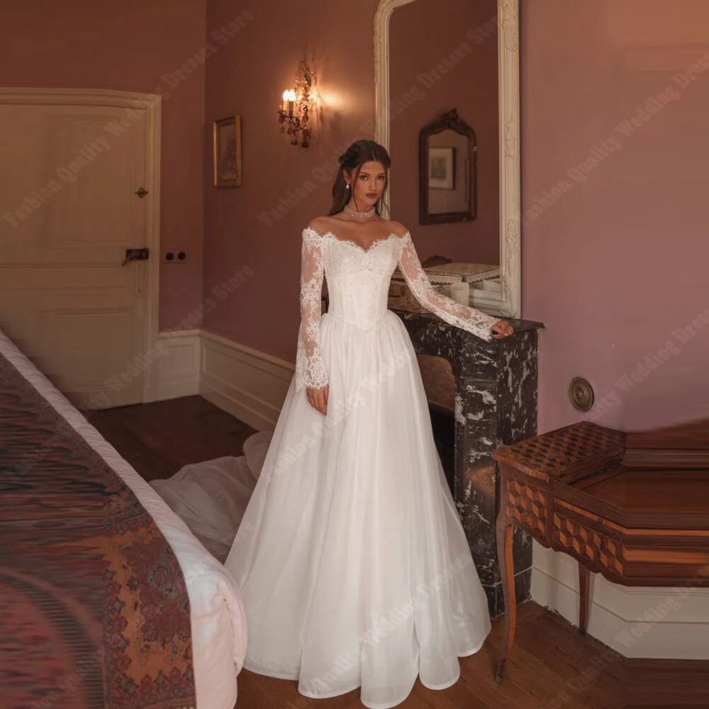 Romantic Wedding Dresses For Women Off The Shoulder Long Lace Sleeves Bridal Gowns Mopping Length Vestidos De Novias Customized