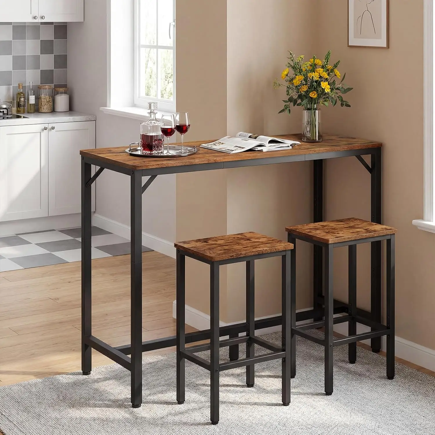 Bar Table, 35.4-Inch Counter Height Pub Table, Cocktail Table | Rectangular Bar Table with Metal Frame and Footrest, for Dining Room, Stairwell, Bar, Save Space, Rustic Brown and Black