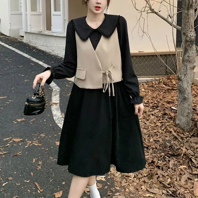 

Two Piece Set A-Line Midi Dress Women's Clothing Fashion Drawstring Spring Autumn New Doll Collar Spliced Vintage Waist Dresses