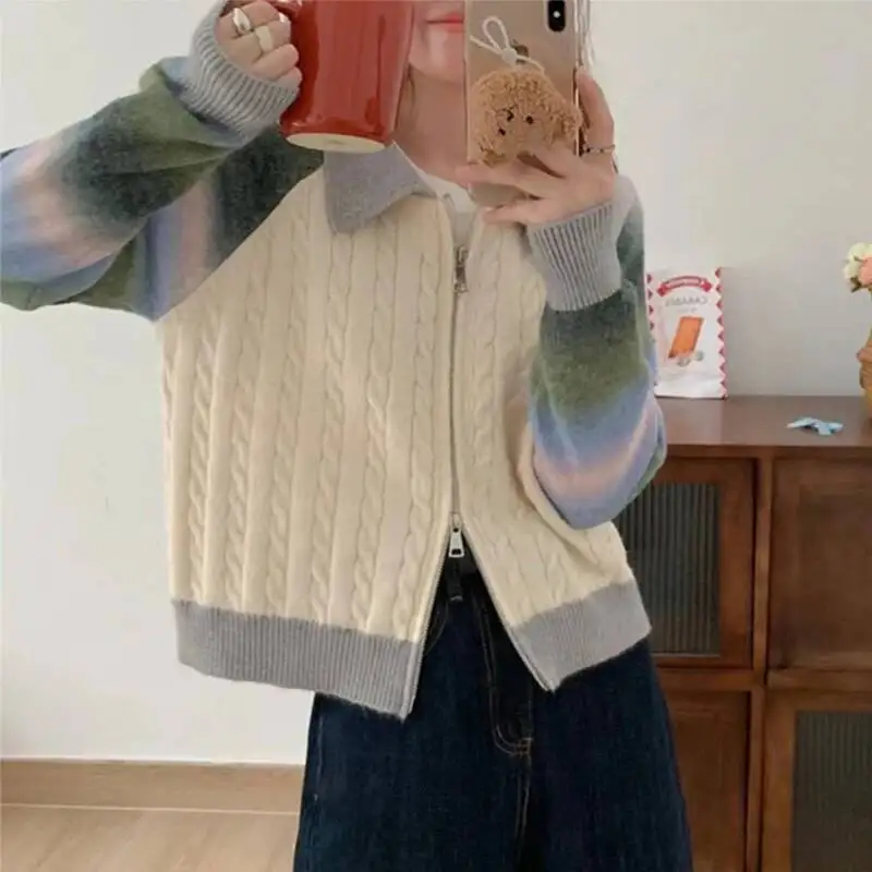 

Korean Fashion Patchwork Lapel Cardigan Women Autumn Y K Chic Color Matching Twist Knitted Sweater New Street Double Zipper Coat