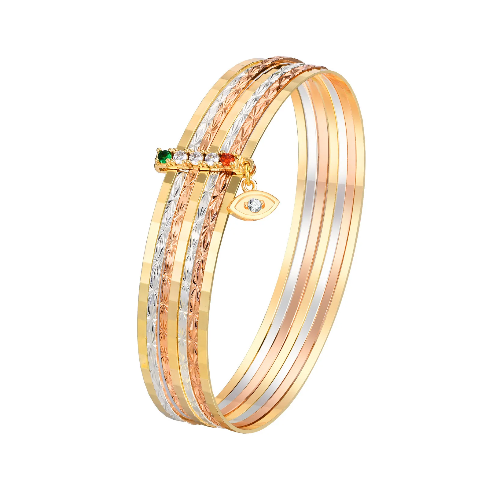 

Tri-color Multi-layered Set of 7 Wonen Bangle Bracelet, Evil Eye Dangling with Cubic Zirconia Statement Layered Jewelry
