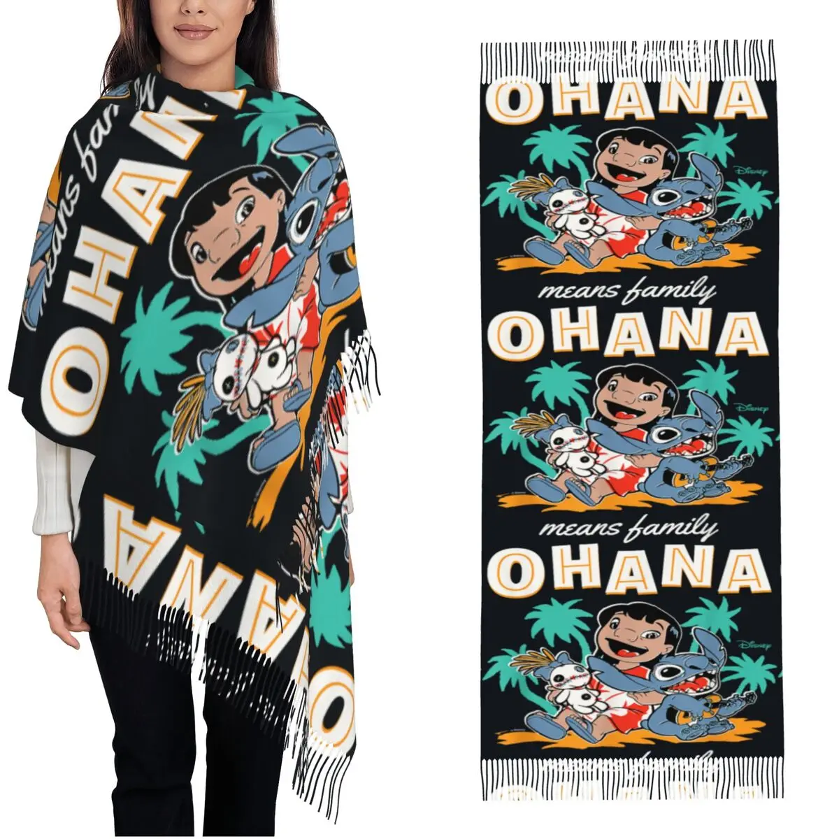 

Женский теплый мягкий шарф Lilo & Stitch «Охана — это семья», большой размер, с бахромой, люксовый бренд, зимняя накидка-шаль, индивидуальный дизайн, буфанда