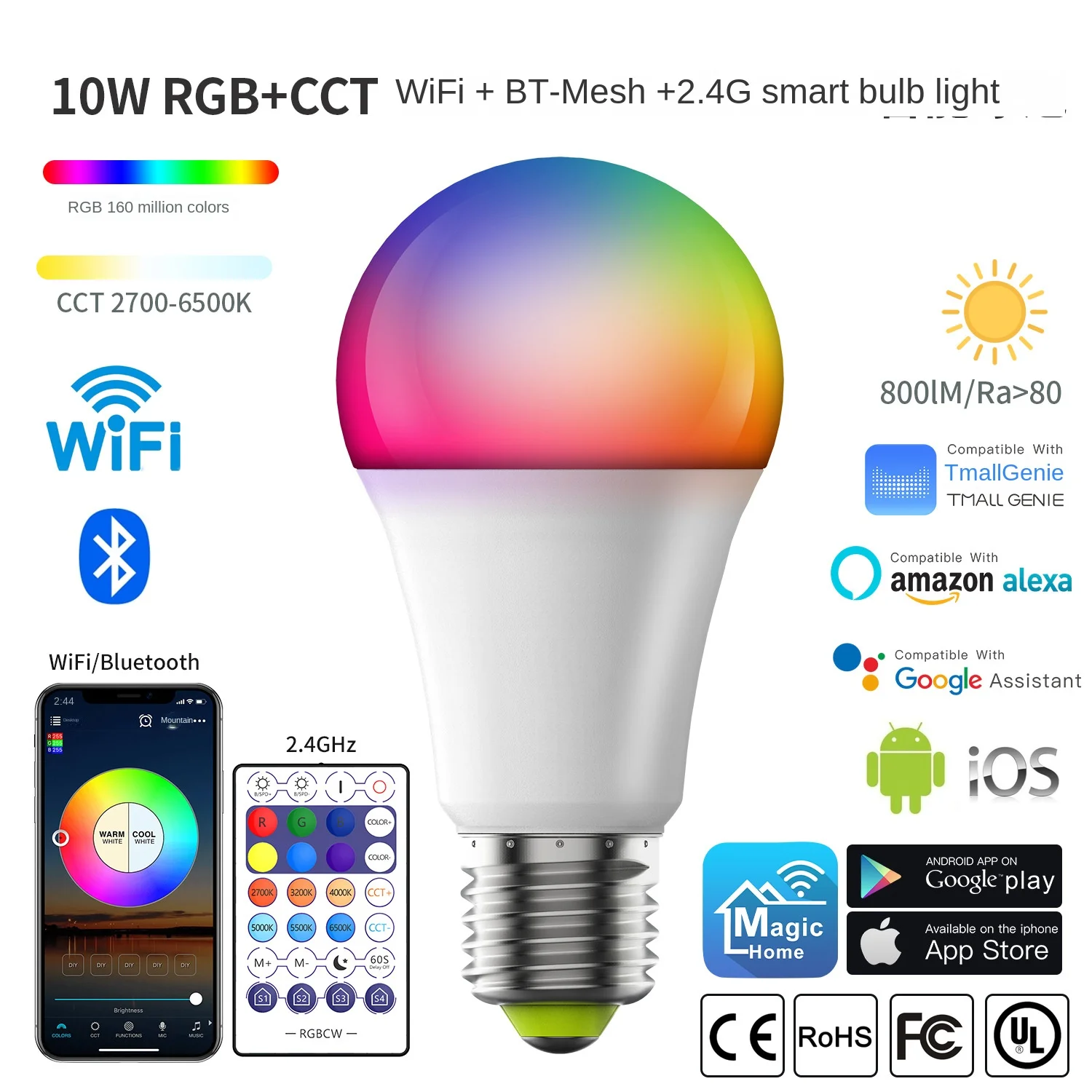 

10W Five-Way EU ERP Smart WiFi Bulb Color Changing Support For Alexa Google Voice Control Bulb Dropshipping