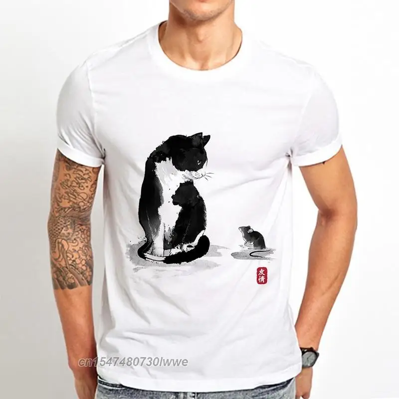 Traditional Chinese Painting Style Watercolor Ink Cute Cat Funny T Shirt Men Holiday Casual Kitten Unisex Tshirt