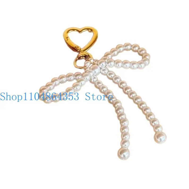 652F Fashion Pearl Bowknot Heart Cheychain Decorations Keyring Hanging Ornament