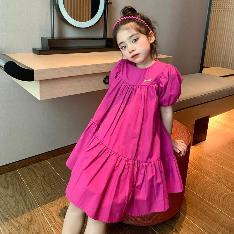 Neues Mädchen-Prinzessinnenkleid 2026 Sommer Kinder Locker Sitzendes Süßes Rosenrotes Kleid Kurzarm Patchwork-Kleid 2-8 Jahre