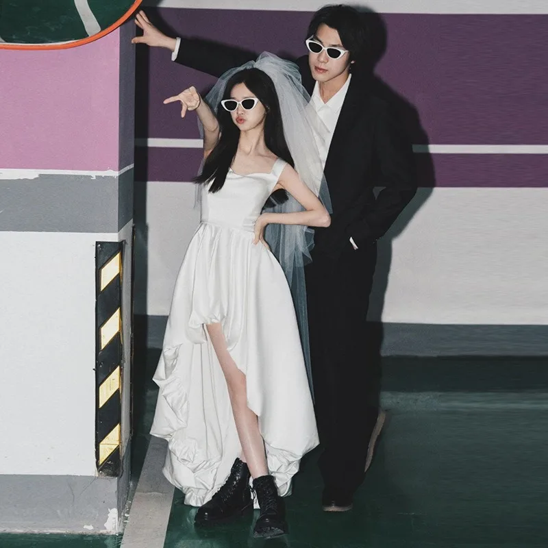 GIYSILE Abiti da sera eleganti senza maniche in raso corto semplice bianco da sposa leggero con scollo quadrato alla moda personalizzato