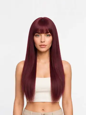 Burgundy Long Straight Synthetic Wig Women Air Fringe Heat Resistant Glueless Daily Cosplay Wig
