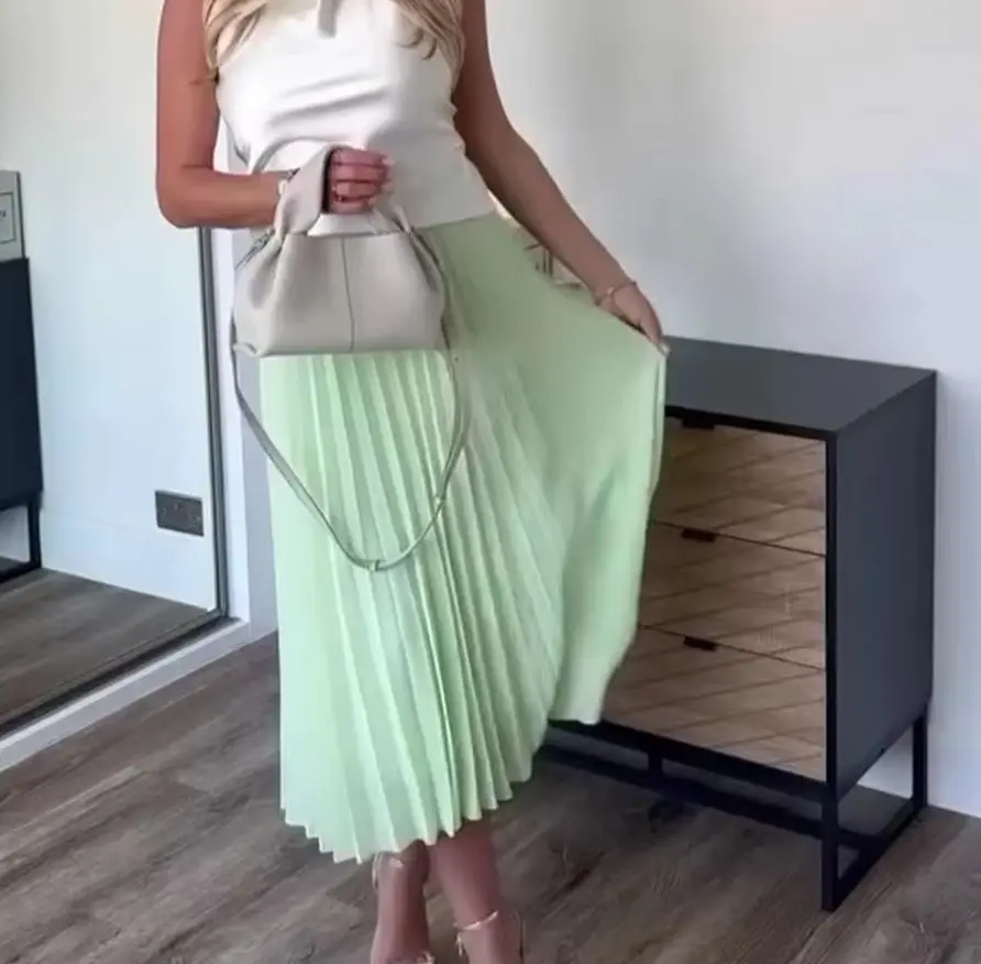 

KONDALA Fashion 2025 Chic Green Woman Summer Casual Skirt Zipper Beach Streetwear Midi Long Elegant Holiday Mujer Pleated Skirts