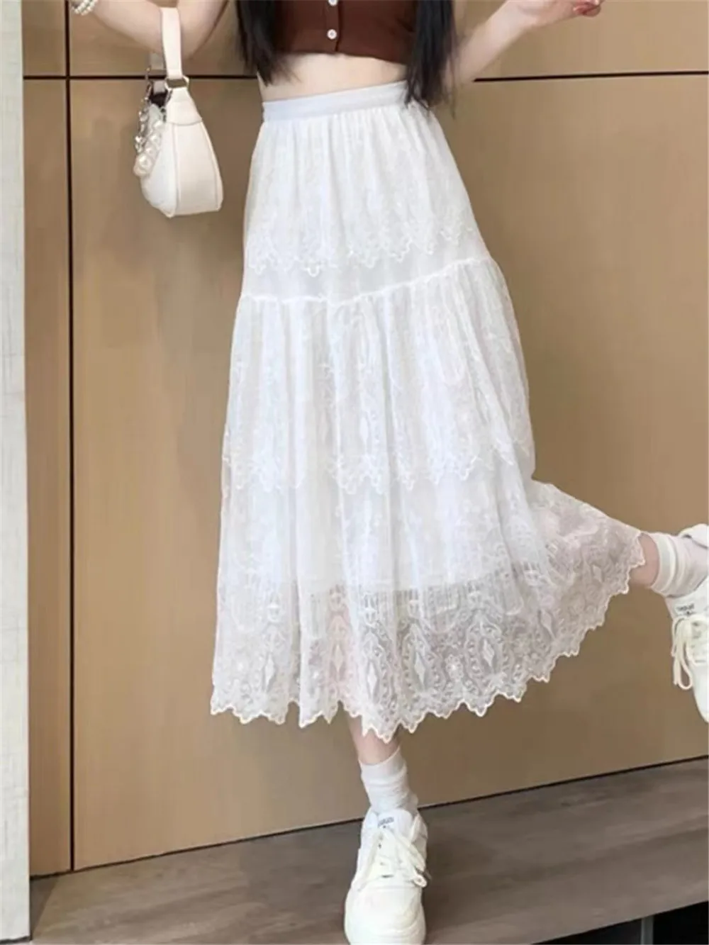 White Lace Ruffles Tulle Skirt Women'S Spring Summer Black A-Line Long Skirt Students College Gauze Hollow Midi Pleated Skirt