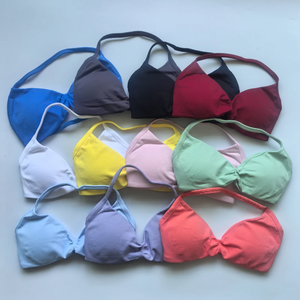 Impact Strappy Bra For Women Backless Halter Yoga Bra Removable Cups Workout Clothing Gym Top Low Support Seamless Sports Bras