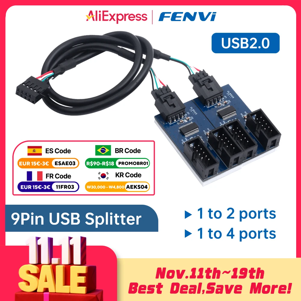 

fenvi 9-контактный USB-разветвитель, материнская плата, удлинительный кабель от 1 до 2/4, 9-контактный разъем 1–4 USB-контактный разъем-концентратор для настольного компьютера