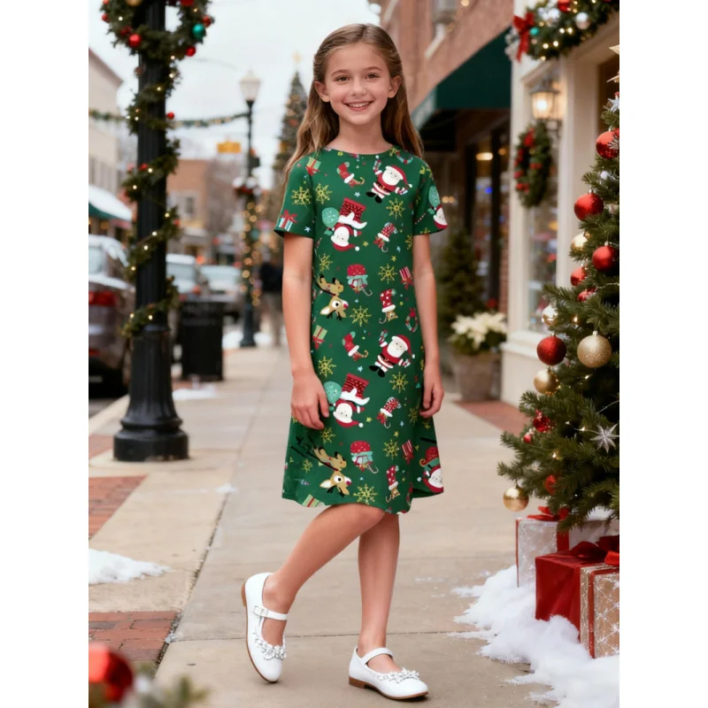 Girls' Christmas-themed Printed Short-sleeved Dress, Children's Festive Atmosphere, Full-pattern Printing, 2026 Style