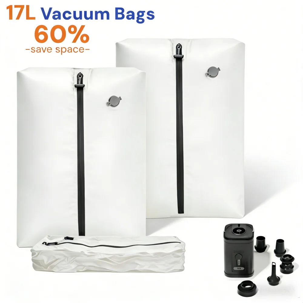 Sac de compression sous vide 17L avec pompe à air, sac de rangement réutilisable pour vêtements de voyage, sac de compression pour bagages (blanc)
