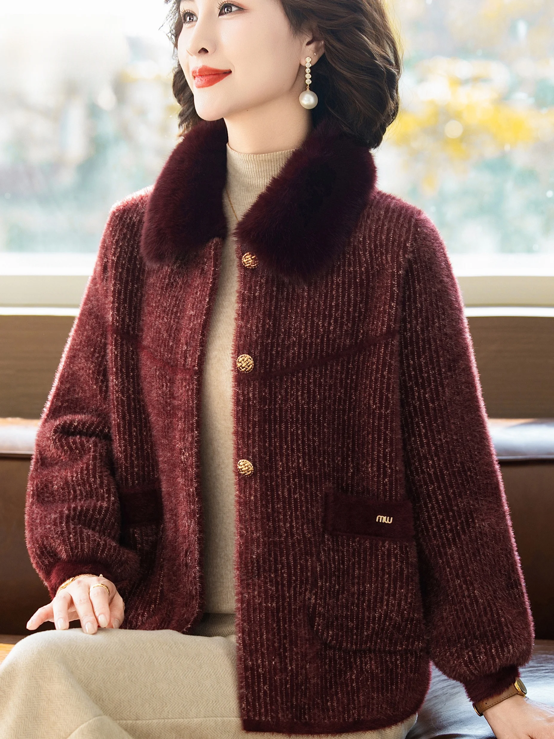 

Autumn Winter Thiened ort Coat for Middle-Aged Women Mink Fur Collar Knitted Cardigan Warm Top with kets Mommy Sle