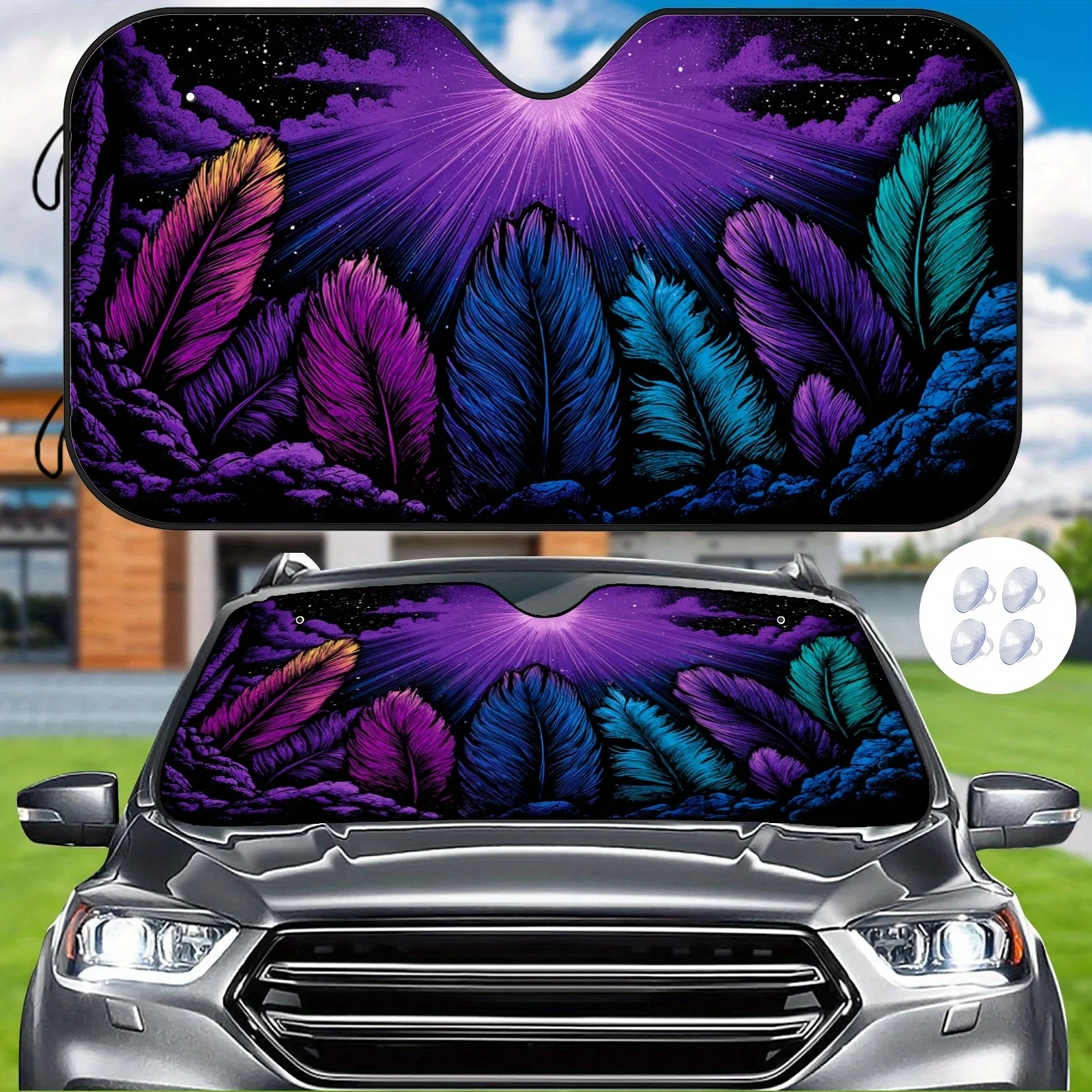 The Starry Sky Feather Car Sunshade Features Vibrant Colors And Feather Art, Complete With Installation Additions To Keep The In