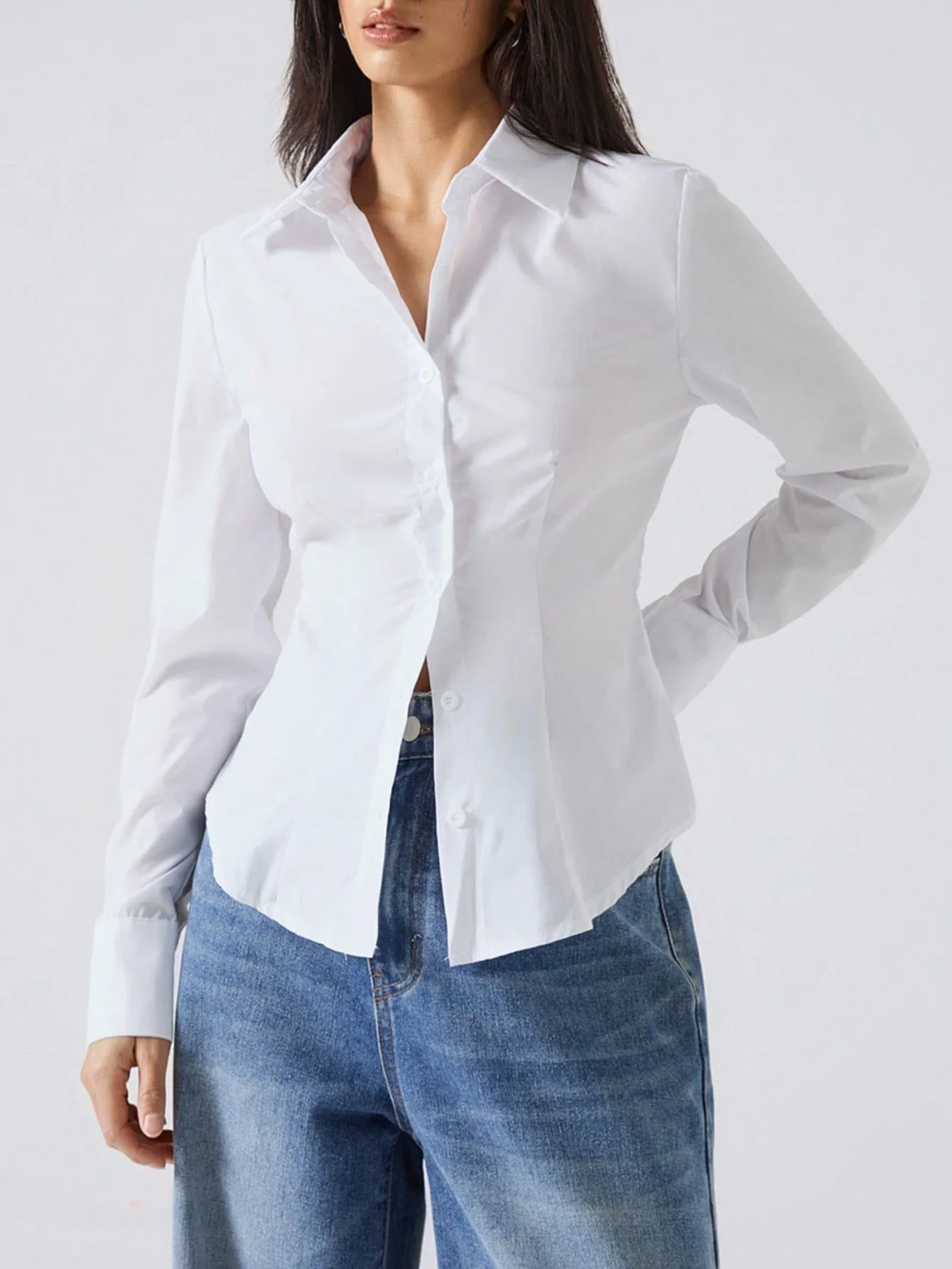 

White Solid Color Long Sleeve Button Up Shirt For Women