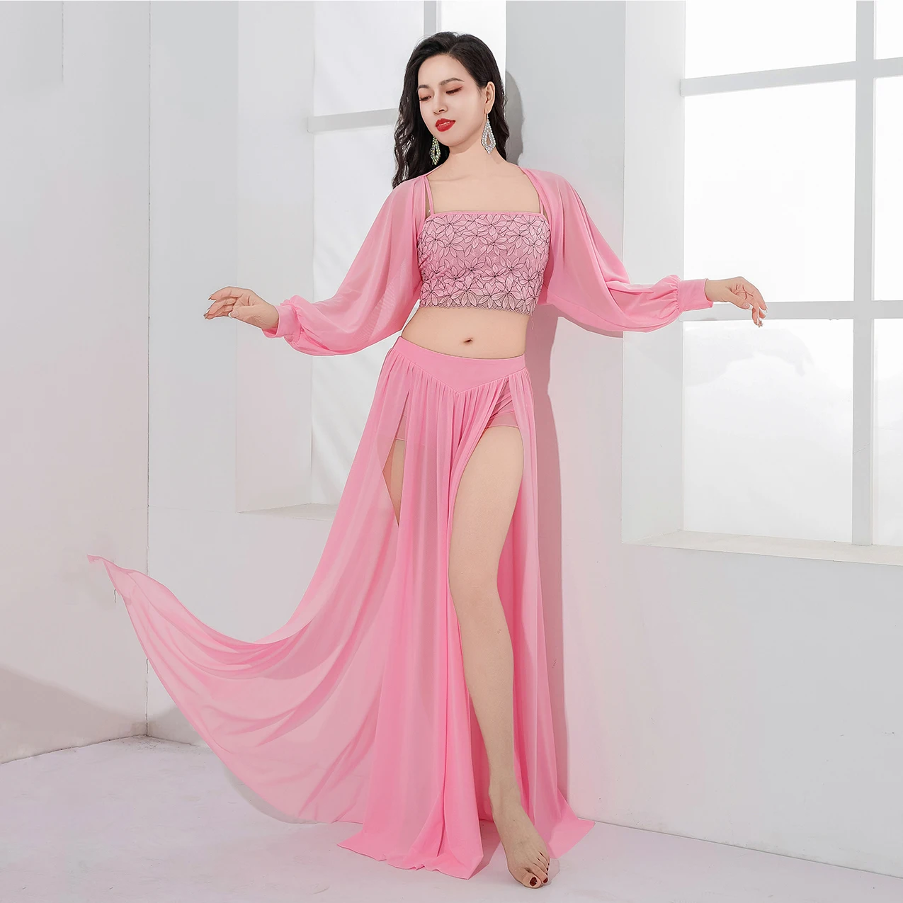 Candy Colors Belly Dance Costume Oriental Dance Soft Stretched Mesh Outfit Group Dance Long Skirt 3 Pieces Set with Waistcoat