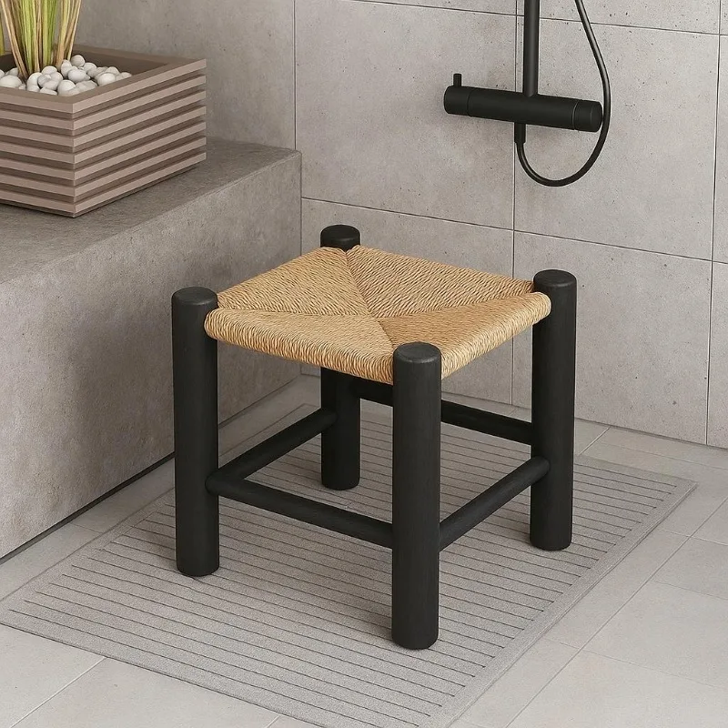 

Solid Wood Rattan Stool Retro Light Luxury High-end Chair in The Living Room Ancient Style Wabi Sabi Home Shoe Changing Stool