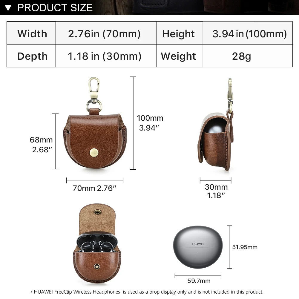 حافظة سماعة أذن كلاسيكية من الجلد الطبيعي مع خطاف لهاتف هواوي FreeClip غطاء سماعات أذن مقاوم للصدمات وغطاء حماية لسماعات الرأس