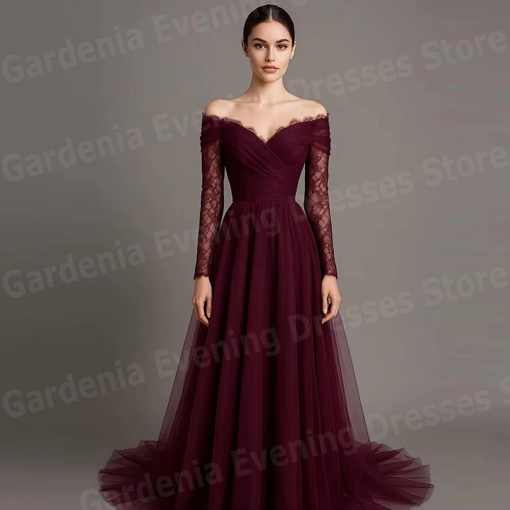 

Graceful A Line Women's Evening Dresses Off Shoulder Prom Gowns Vestidos Para Mujer Customized Long Sleeve Lace Robe De Soirée