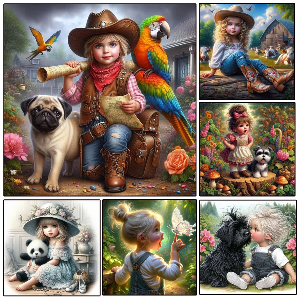1pc frameless  Cute Little Girl Boy DIY Diamond Embroidery  Character Farm Animals Diamond Painting 5D Diamond Mosaic Picture Ho