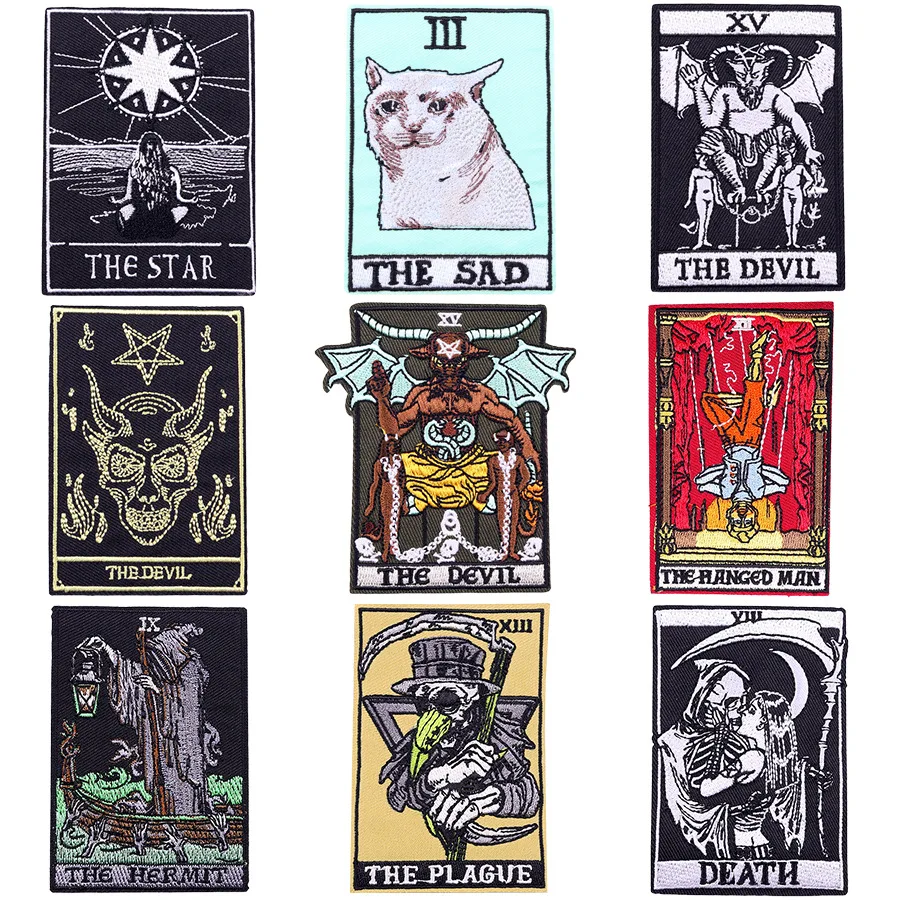 

Punk Embroidery Patches DIY Devil Death Tarot Iron on Cloth Stickers Chest Shoulder Badge Jeans Jackets Personalized Accessories