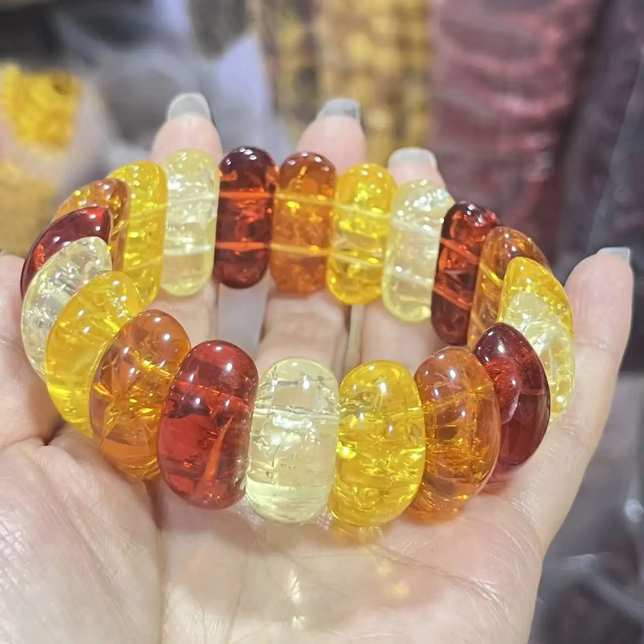 Natural Baltic Amber Flower Wide Bracelet Men Women Healing Jewelry Gemstone Bangle Floral Ambers Elastic Lucky Amulet Bracelets