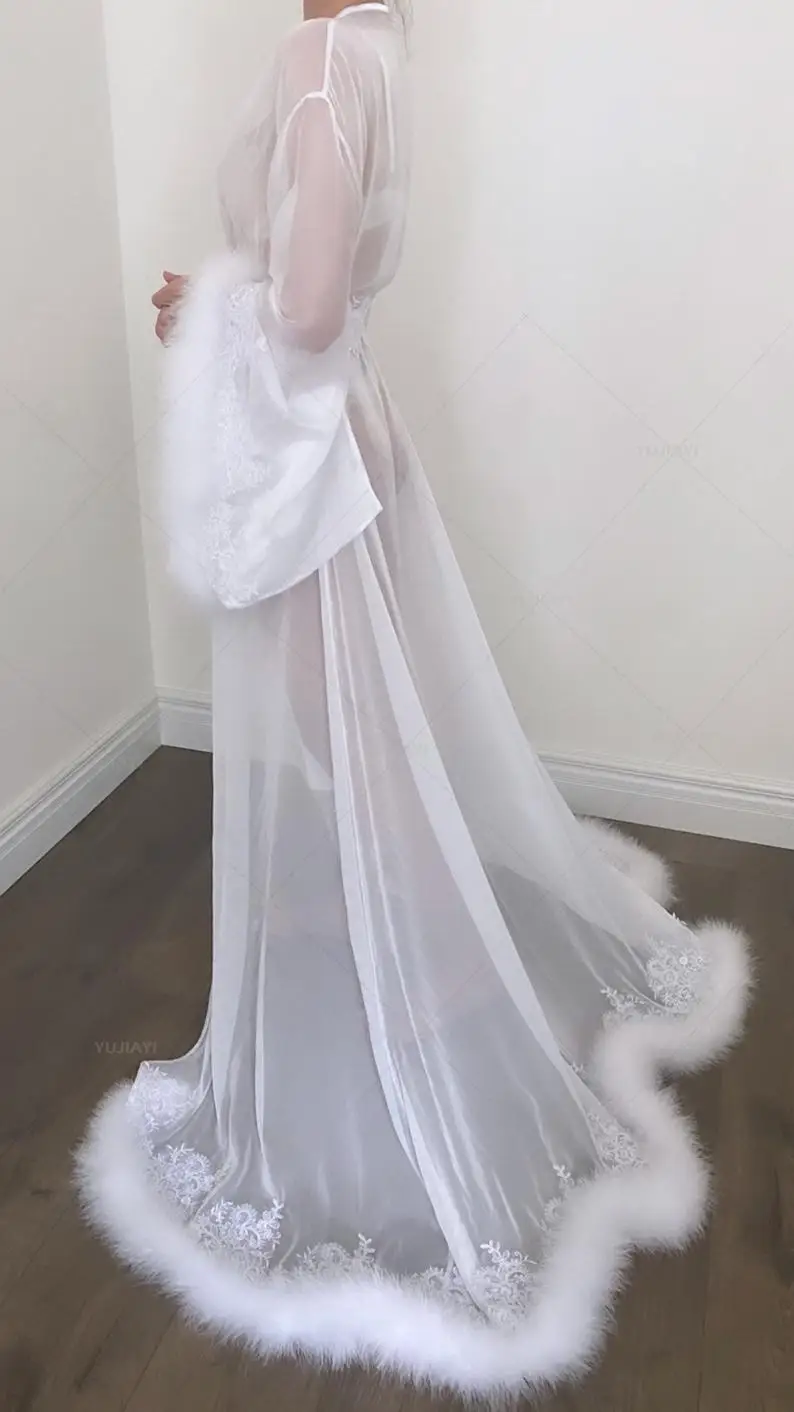 White Lace Bridal Robes Women Sleepwear Honeymoon Lingerie Feather Chiffon Robe Long Sleeve Bathrobe Nightwear Dress Boudoir