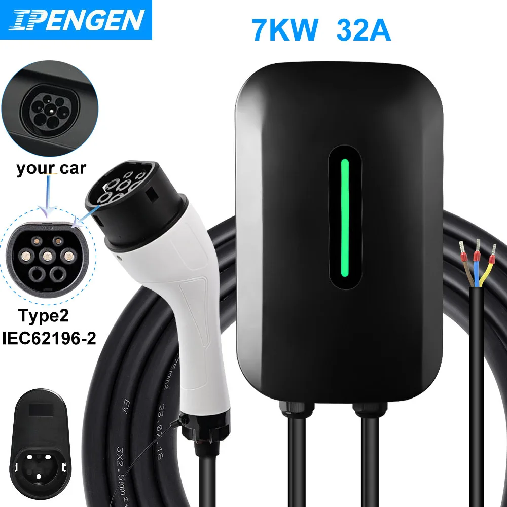 IPENGEN 32A EV Charger Type2 7KW EV Wallbox IEC 62196 EVSE Charging Station 1Phase for Electric Vehicle Car Charger 5M cable