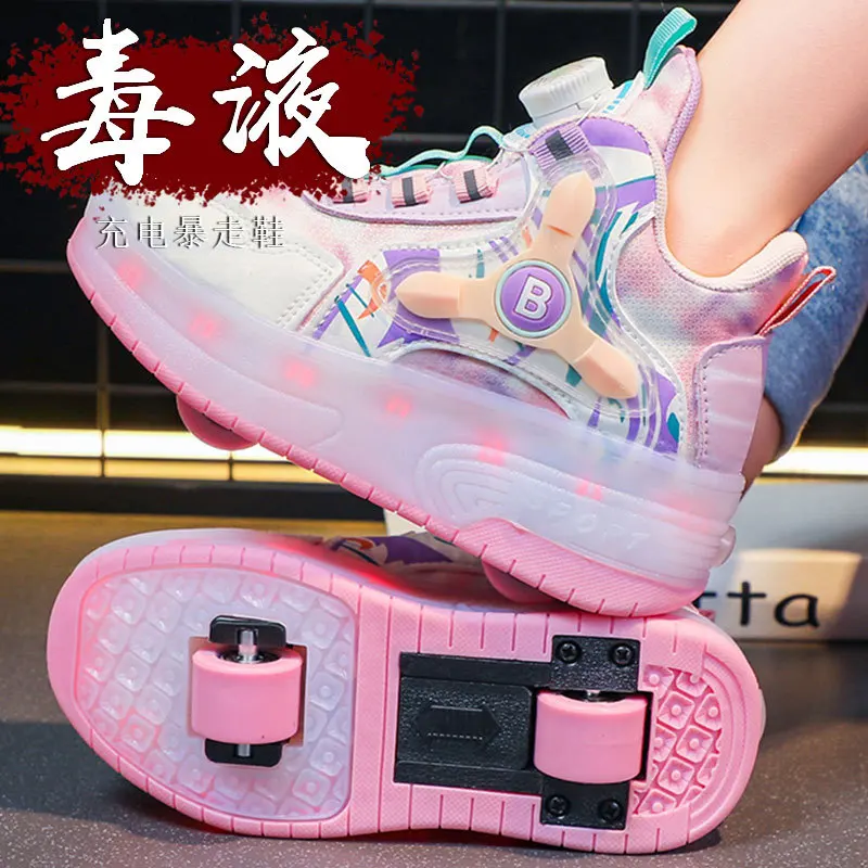 Girls Outdoor Sneakers Kids Flying Shoe Boys Two Wheels LED Light Shoes Student Roller Skate Shoes