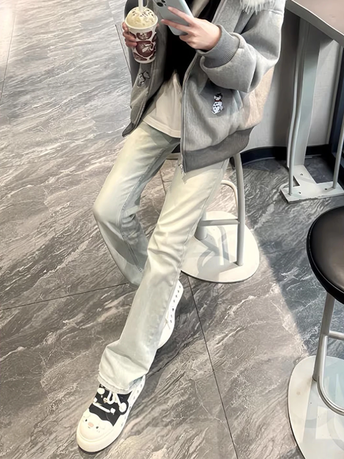 

Men's Fce Lined Bootcut Jeans Cleanfit Slim Straight Leg Denim Pants mid Waist Zipper Closure Casual Wear for Autumn Winter