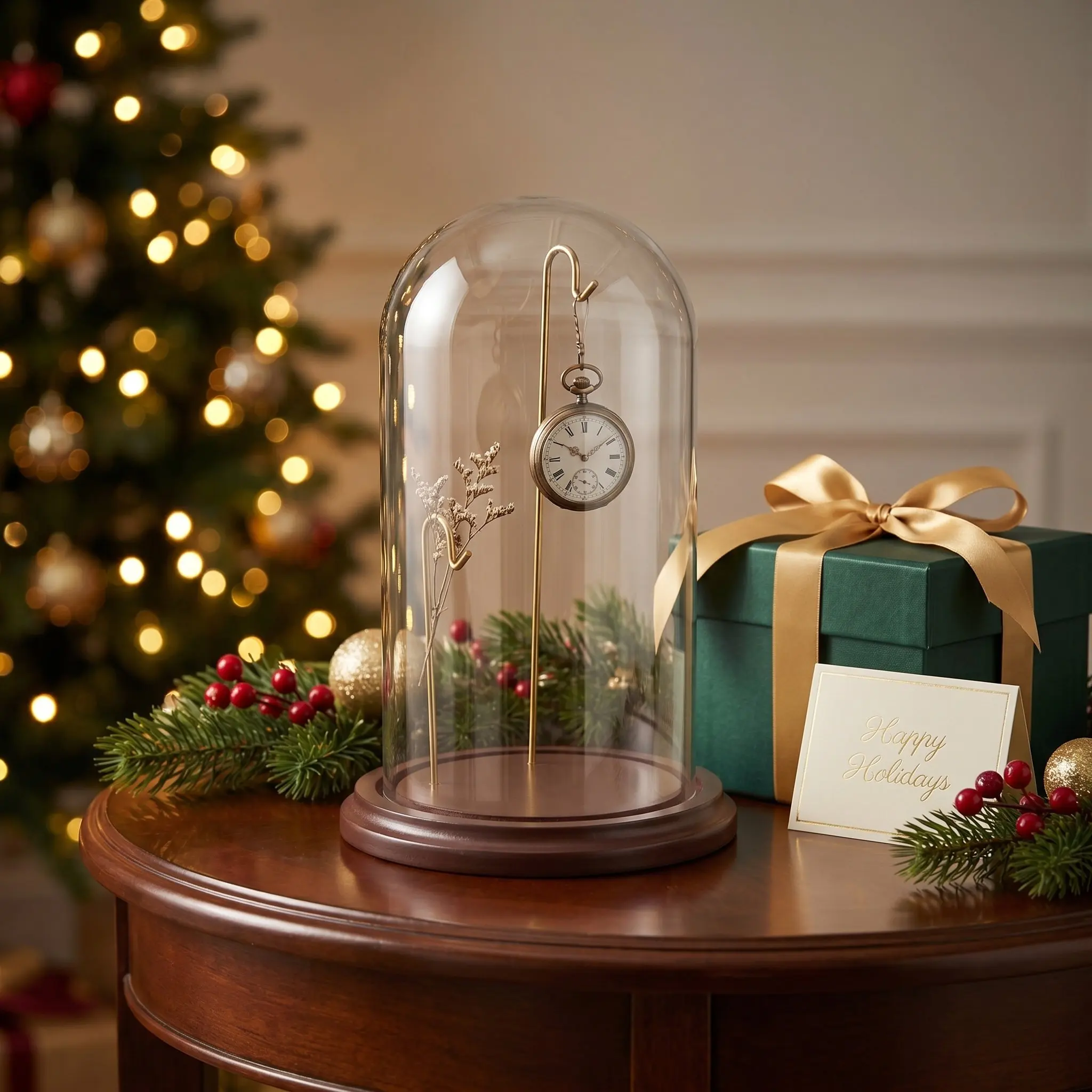 Pocket Watch Display Glass Dome Cloche Clear Dustproof Stand Wooden Base Hook for Home Office Showcase Watch Glass Display Case