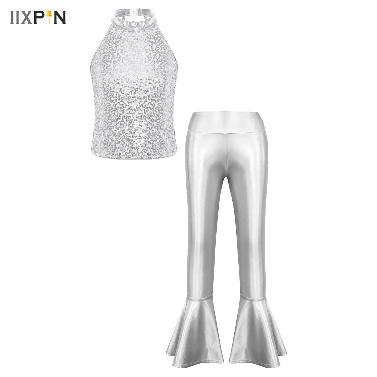 

Kids Girls Jazz Dance Outfit Sleeveless Sparkling Sequins Halter Crop Top+Ruffle Hem Bell-bottom Metallic Pants 2Pcs Streetwear
