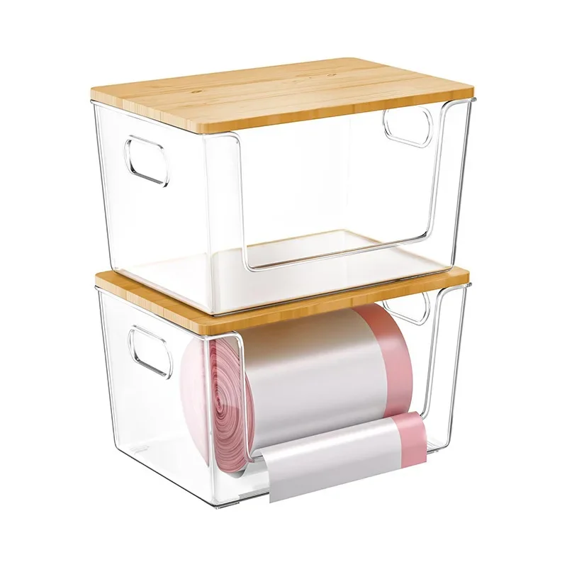 Large Clear Storage Bin with Bamboo Lid, Multi-Functional Kitchen Counter Organizer, Stackable Desktop Condiment Container for H