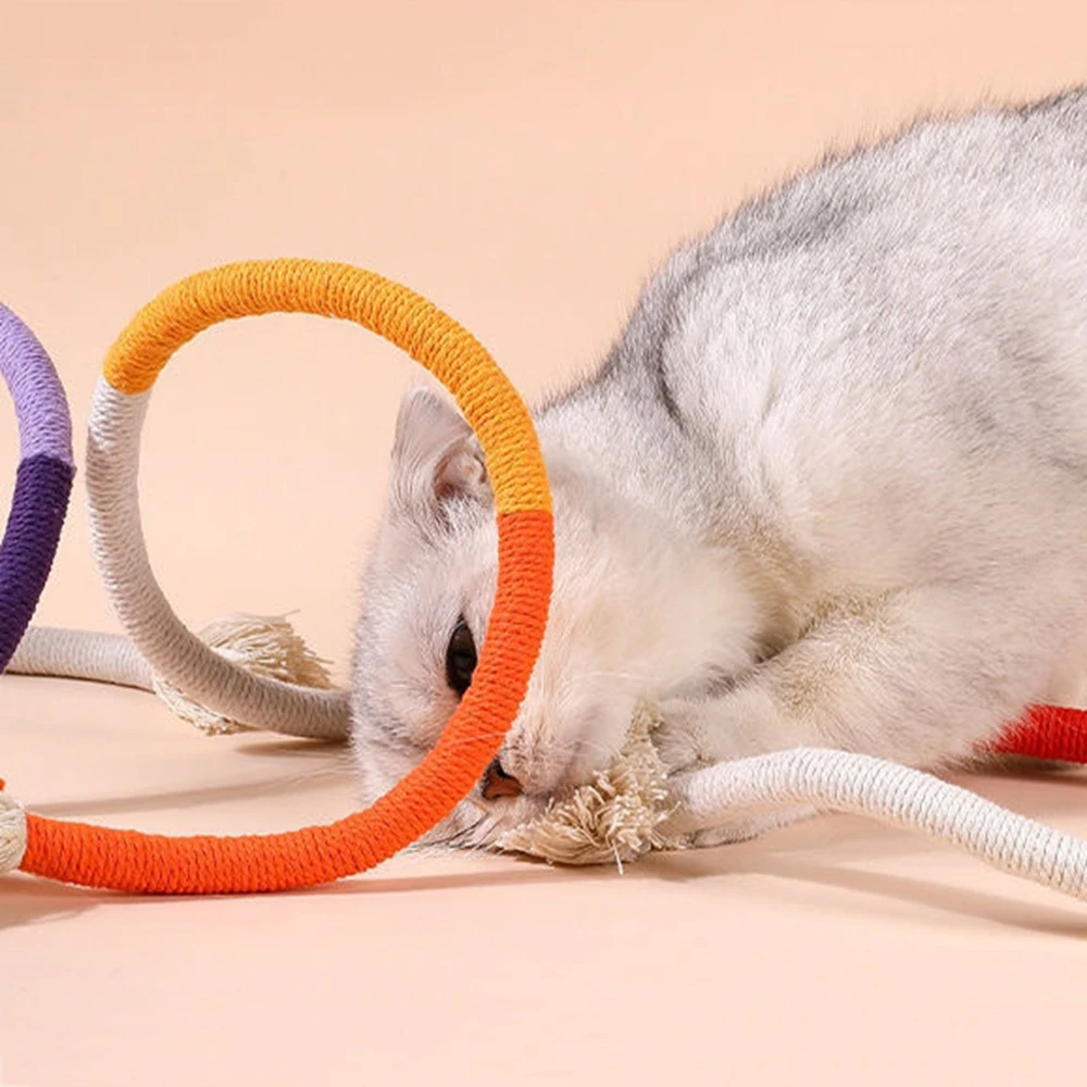 Colorful Cotton Rope Cat Toy with Loop and Tassel Interactive Scratching Chasing Play Stick for Kitten Enrichment