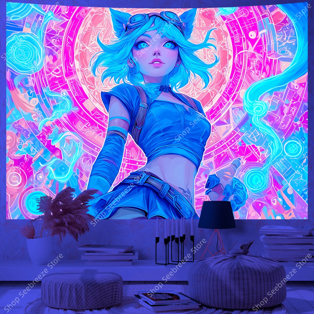Mystical Blue Haired Woman with Cat Ears UV Tapestry Fantasy Art Wall Hanging for Bohemian Bedroom Living Room Office Decor