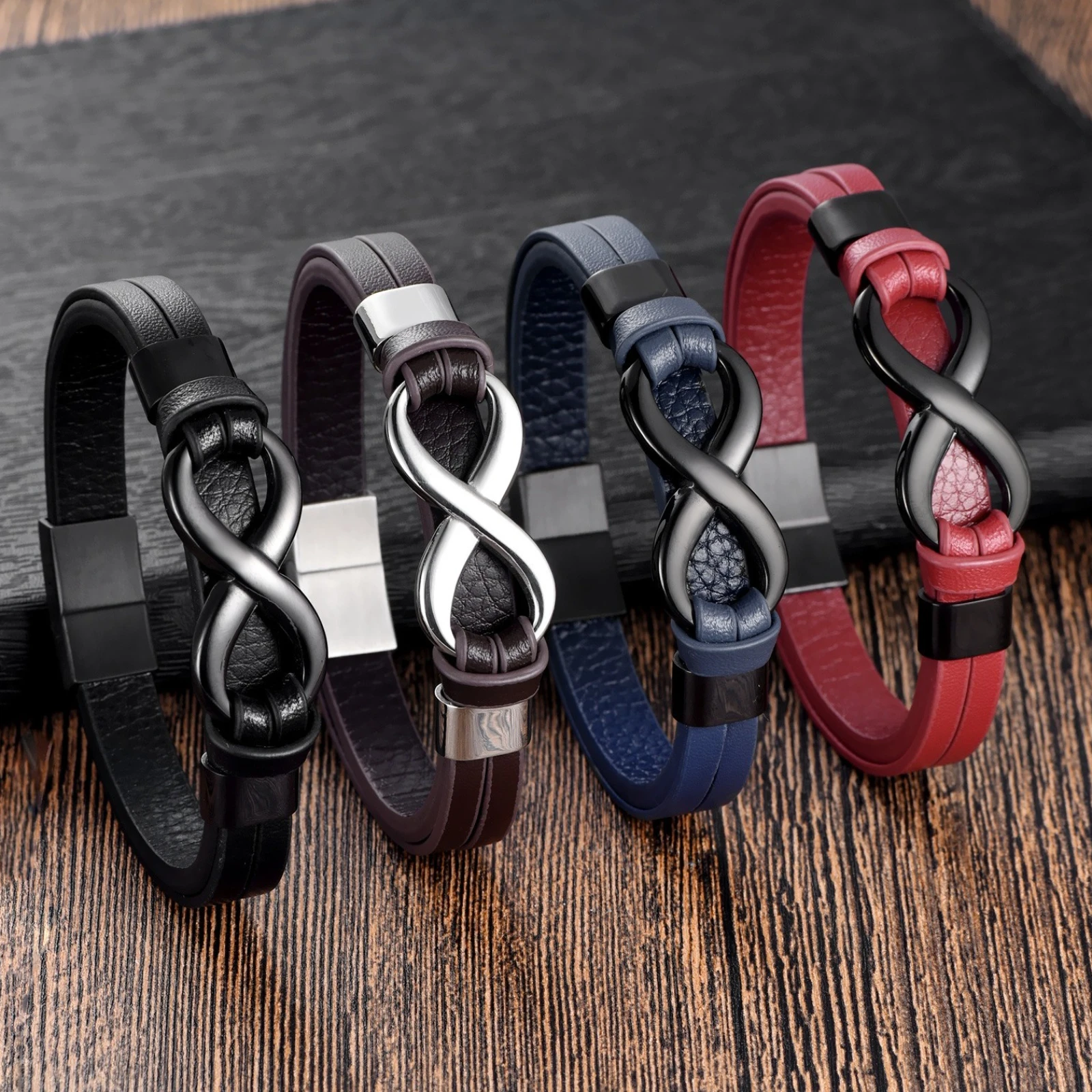 Doppelschichtige Leder 8-förmige Unendliche Symbol Armbänder Edelstahl Hip-Hop Männer Personalisierte Mode Armband Schmuck – Detail 3