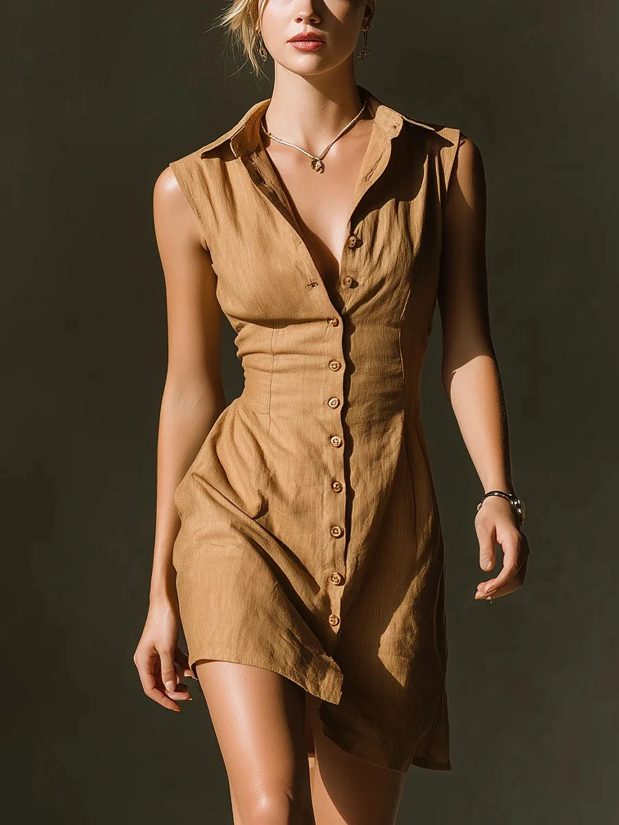 

Женское мини-платье без рукавов с V-образным вырезом и пуговицами, модель 2026 года