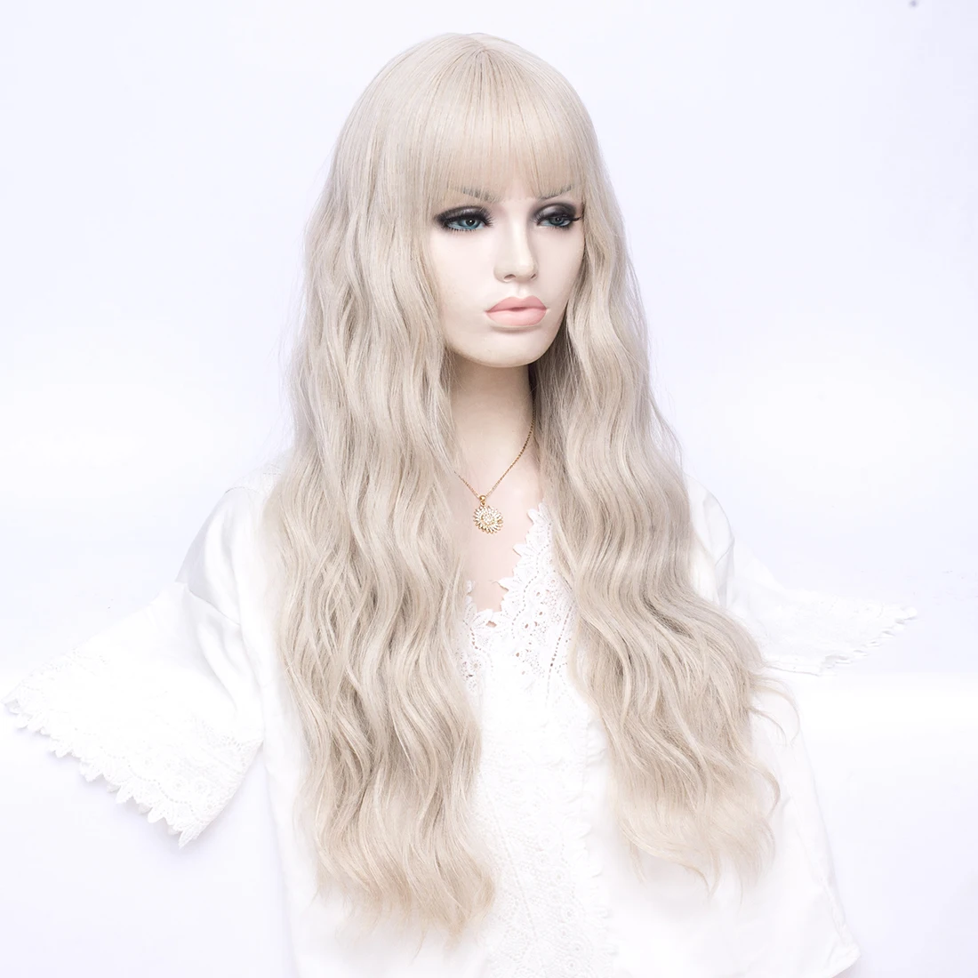 باروكة نسائية طويلة مموجة باللون البيج، شعر صناعي مقاوم للحرارة لوليتا للهالوين