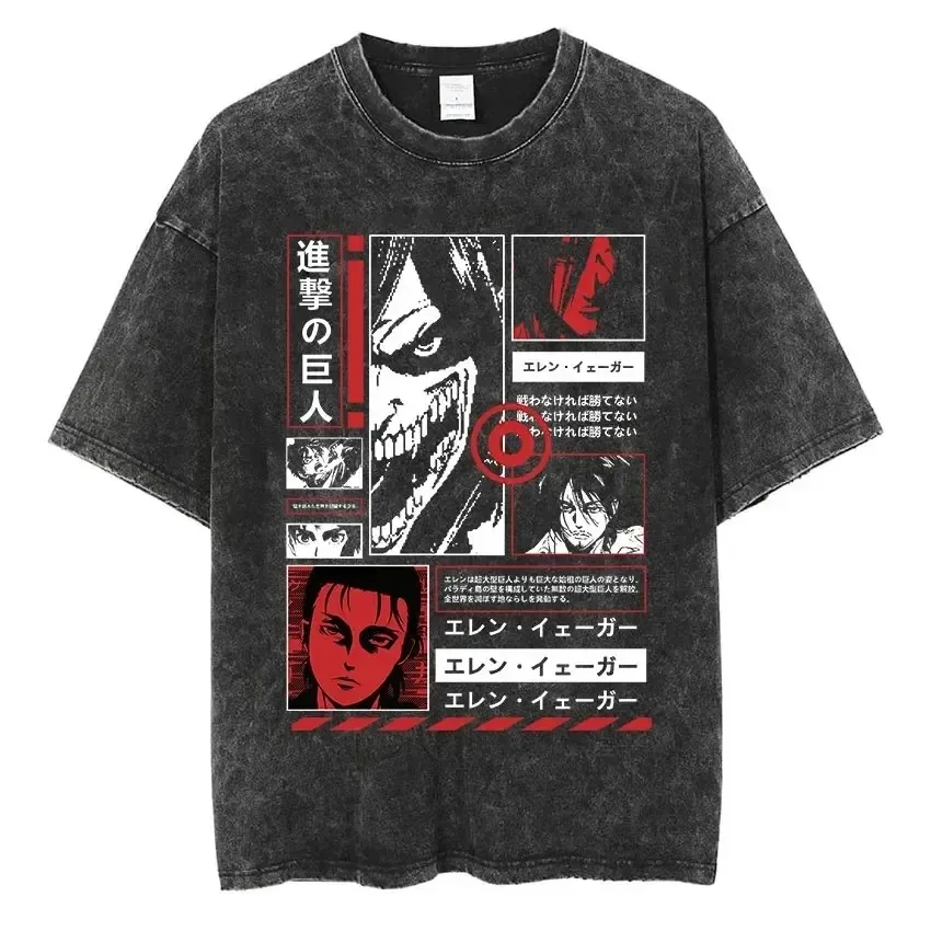 Camiseta Retro lavada de ataque a los Titanes Y2k de gran tamaño para mujer y hombre, ropa de algodón con Logo de Mikasa Ackerman Eren Jaeger Wings of Freedom