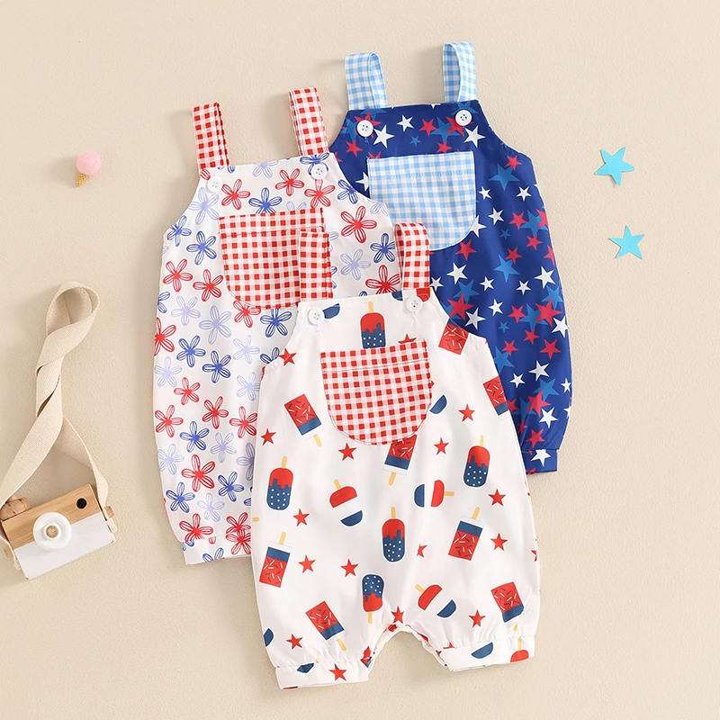 Toddler Infant Baby Overall Shorts Sleeveless Stars Popsicle Print 4th of July Clothing Summer Clothes