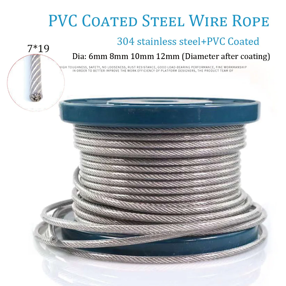 1 to 2 Meter Diameter 6mm 8mm 10mm 12mm Steel Wire Rope Cable lothesline Rustproof 7x19 PVC Coated 304 Stainless Steel wire rope