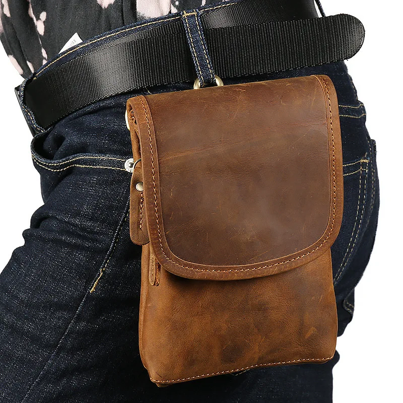 New Men's single-shoulder crossbody bag, genuine leather mobile phone pouch, waist bag for pants, cowhide small crossbody bag